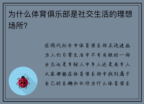 为什么体育俱乐部是社交生活的理想场所？